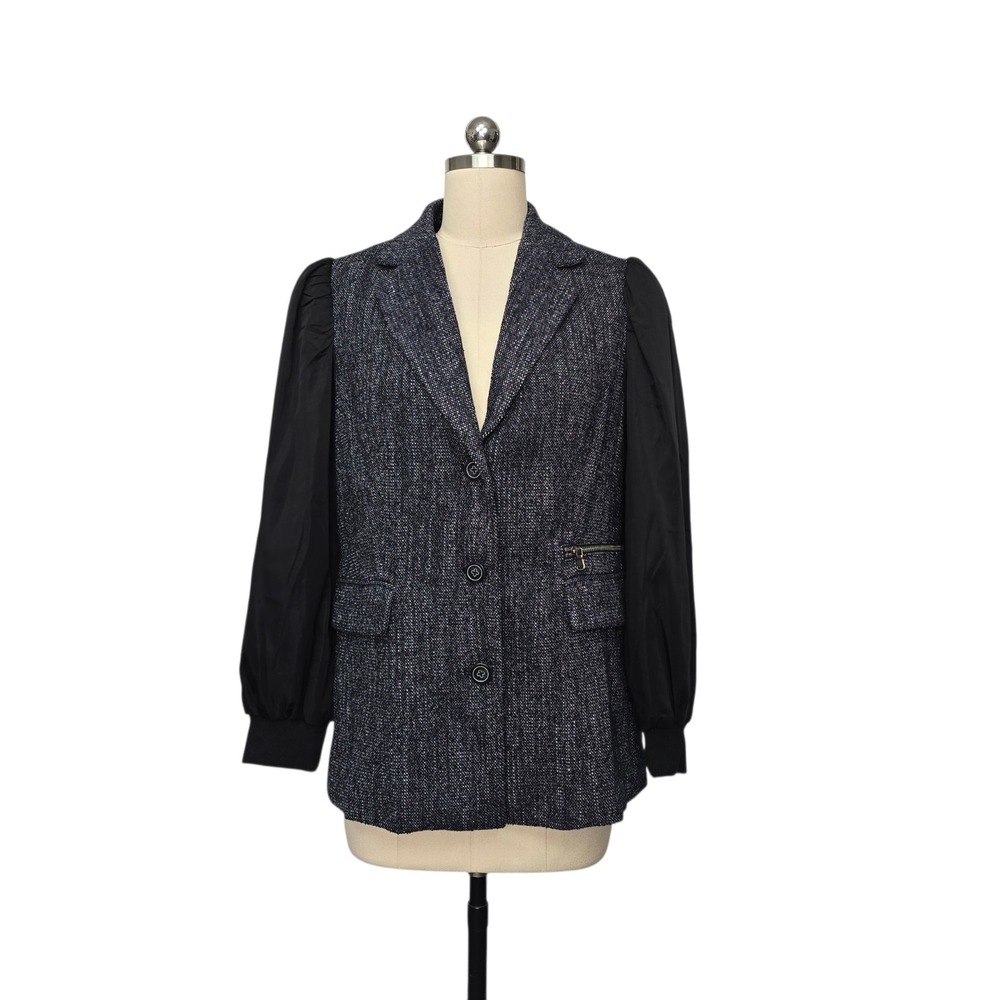 Maeve‎ Anthropologie Mixed Media Tweed Puff Sleeve Blazer Navy Black Size 2 NEW